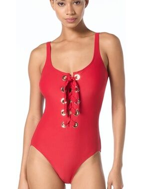 Michael Michael Kors Lace-Up Grommet One-Piece Swimsuit, Red (Sea Coral), 6